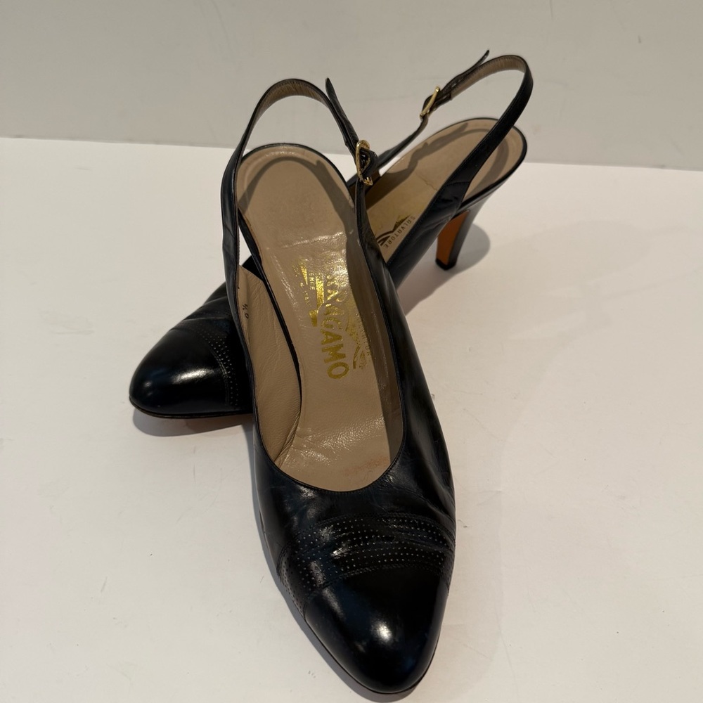 Salvatore Ferragamo Dark Navy Leather Slingback Heels 9 1/2